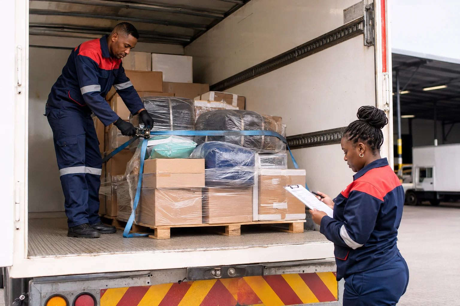 Logistics staff securing wrapped goods inside a truck